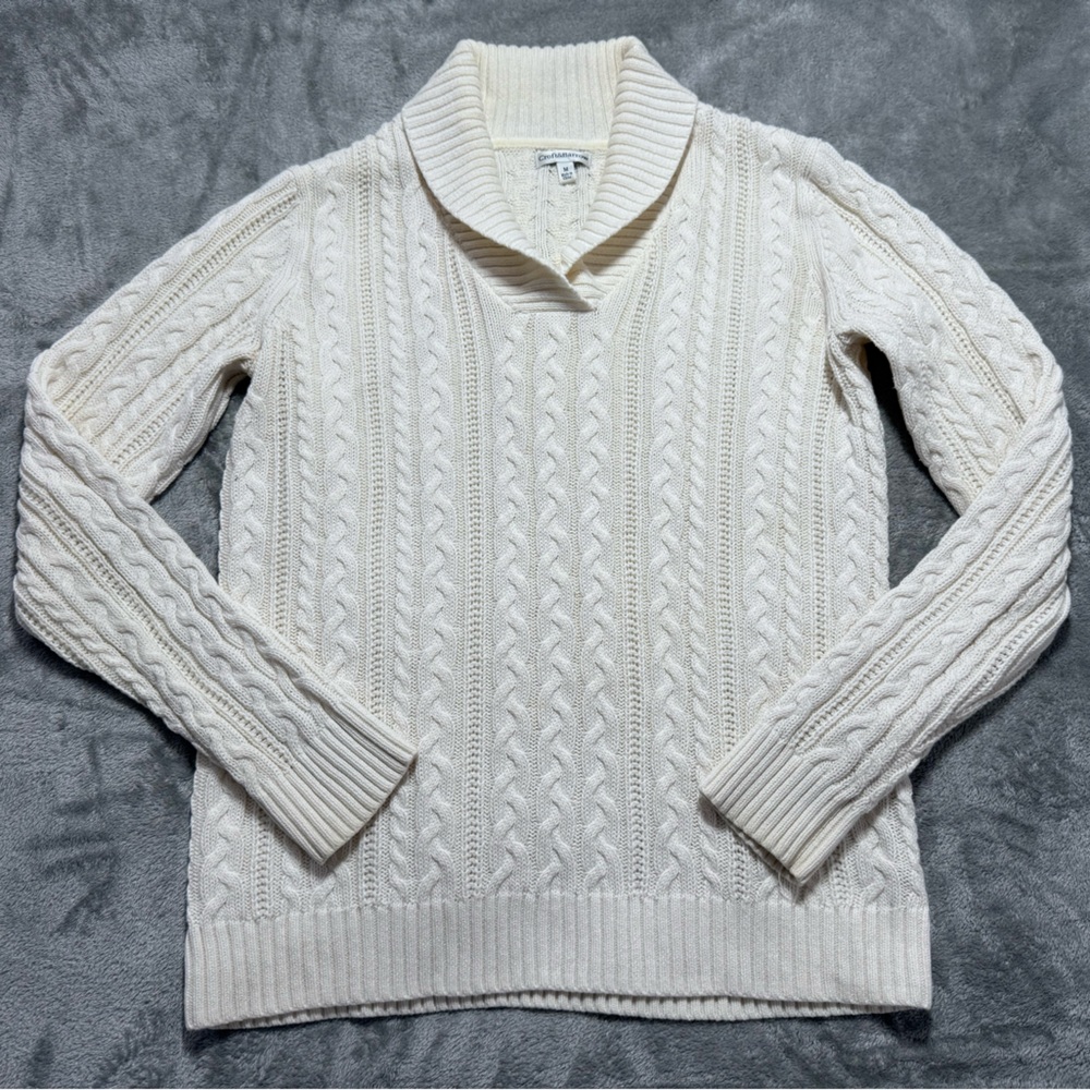 Croft & Barrow Cable Knit Shawl Collar Sweater Women’s M Ivory Chucky Fisherman